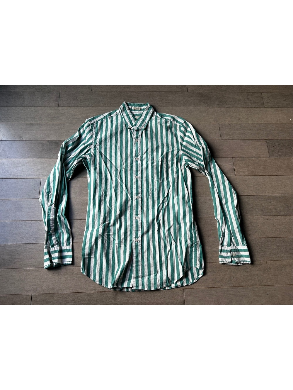Men’s J.Crew Slim Fit Green and White Striped Button-Up Dress Office Shirt Small